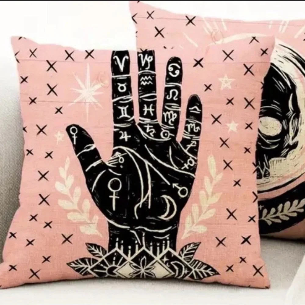 Pink Pillow Cover 18X18 Home Decorations, Tarot, Hamsa Hand, palmistry, Goth